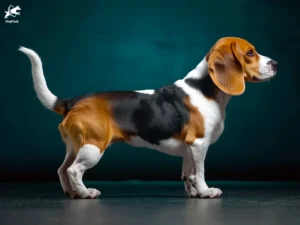 Beagle dog breed full body view standing against green background