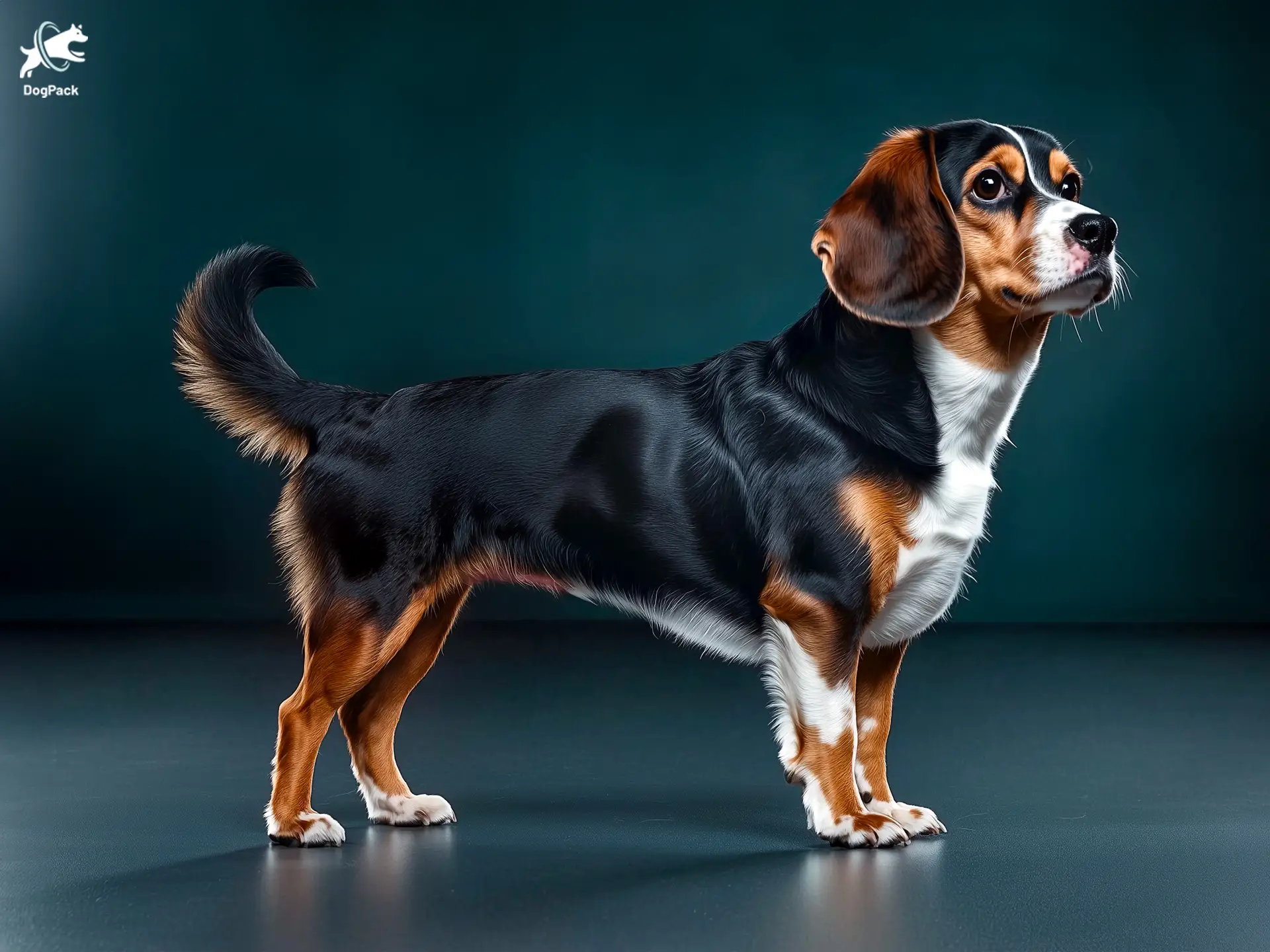 Beaglier dog breed full body view standing against green background