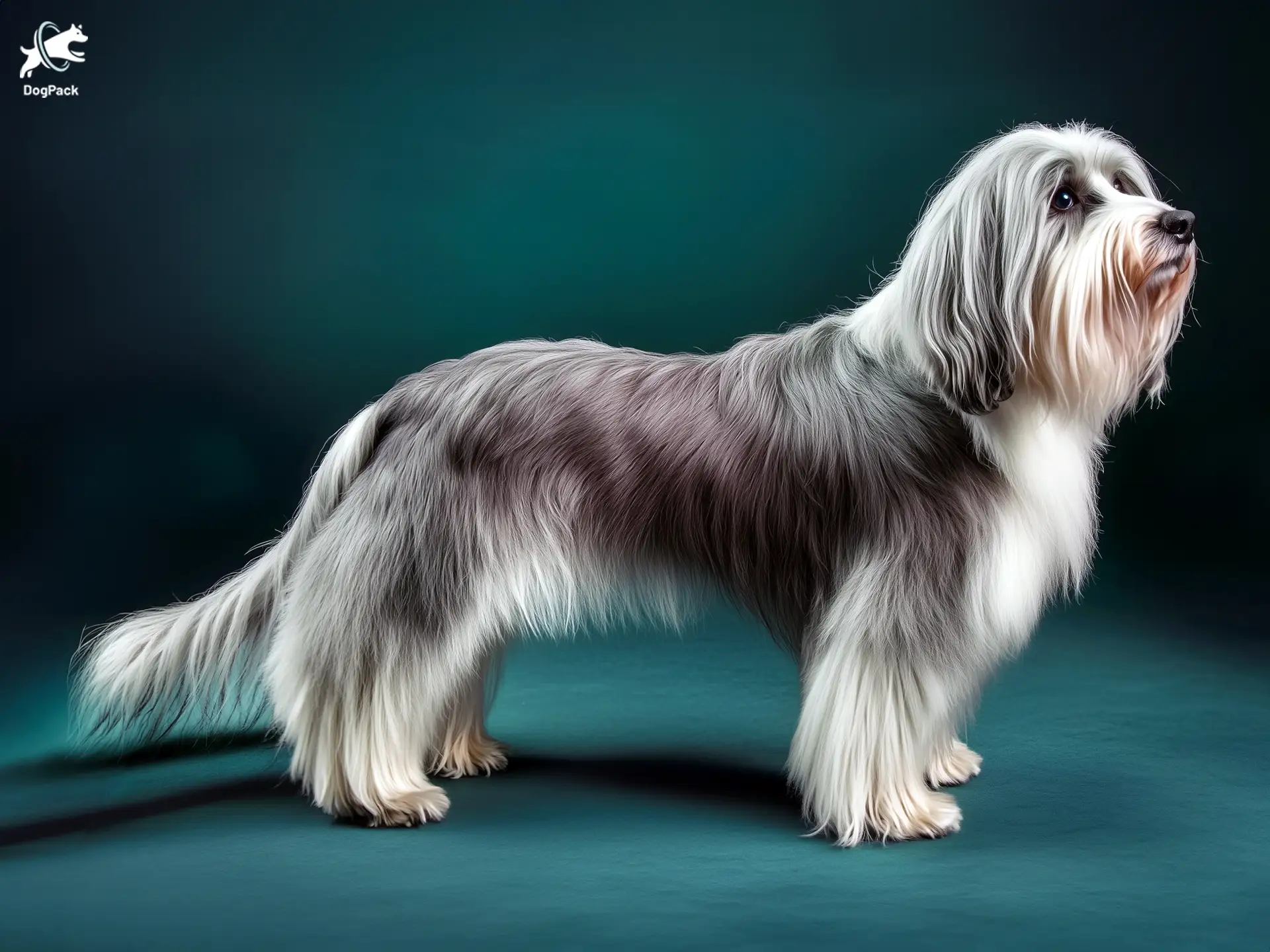 Bearded Collie dog breed full body view standing against green background