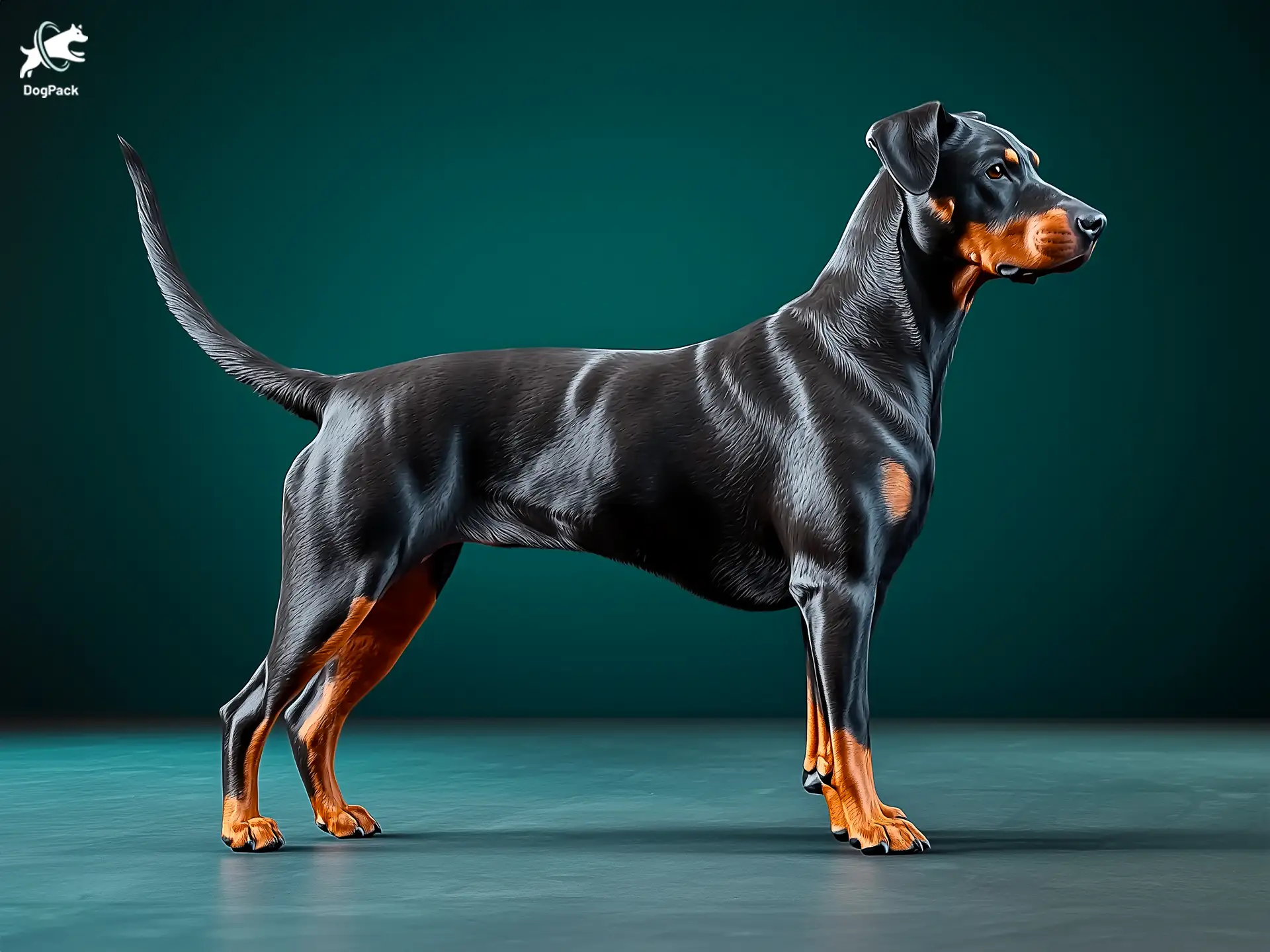 Beauceron dog breed full body view standing against green background