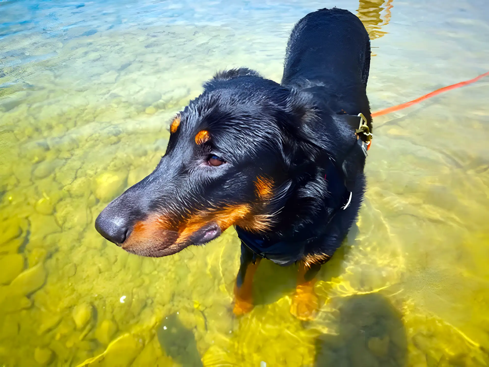 A Beauceron with a black and tan coat stands in shallow, clear water, looking off to the side while on a leash