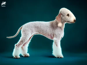 Bedlington Terrier dog breed full body view standing against green background