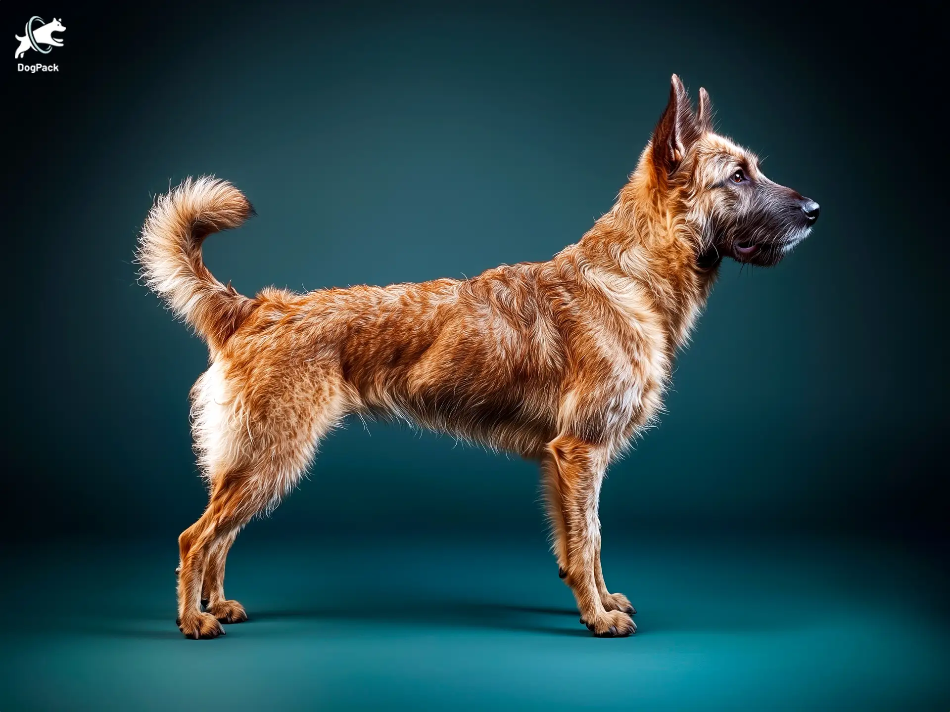 Belgian Laekenois dog breed full body view standing against green background