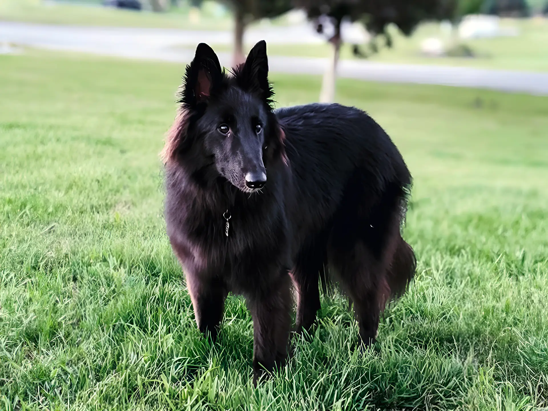 A Belgian Sheepdog with a thick black coat stands on a grassy field, looking attentively into the distance, with a tree and road in the background