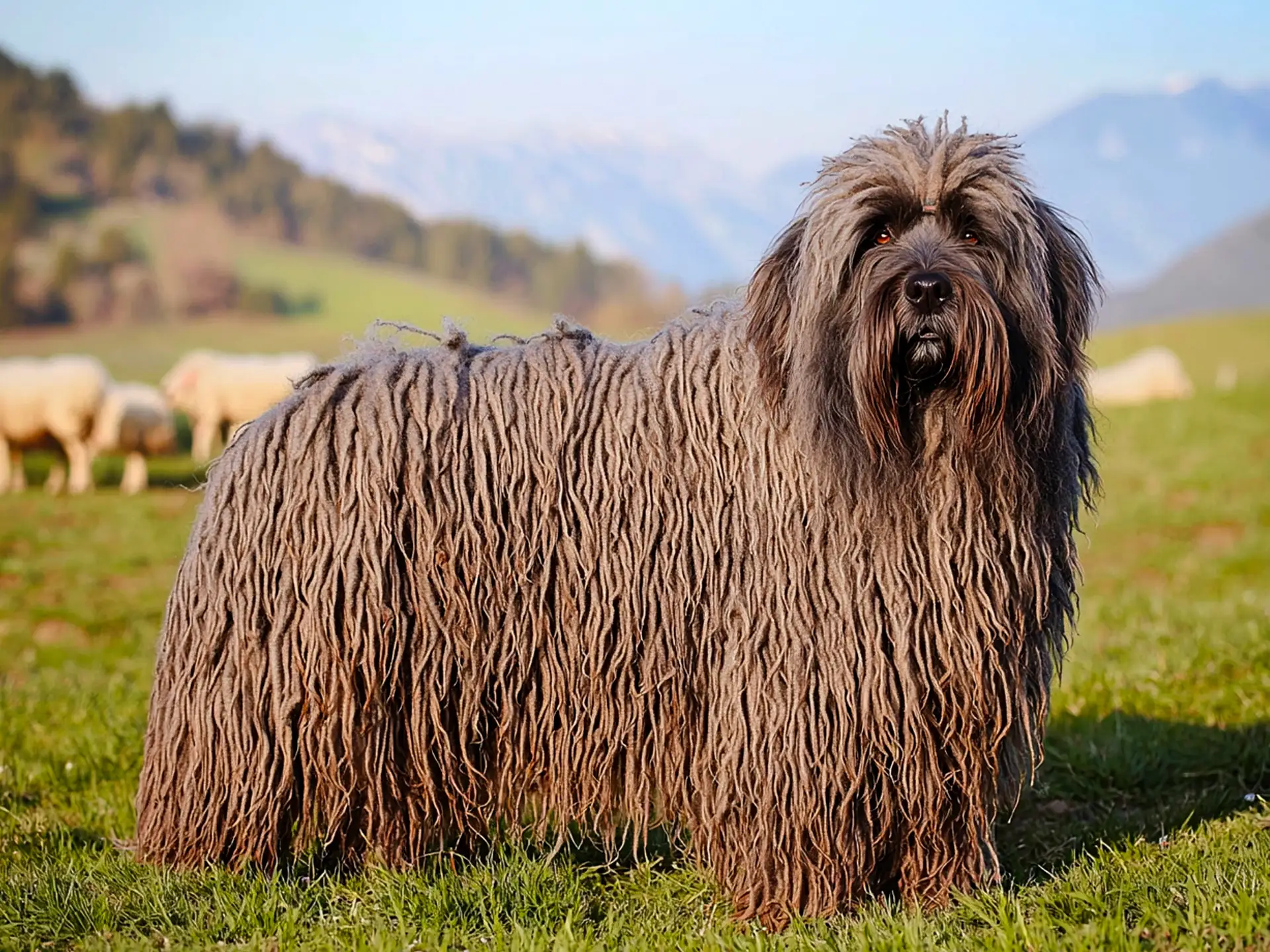 A Bergamasco Sheepdog, known for its long, matted, and corded coat, stands on a grassy field with a flock of sheep in the background