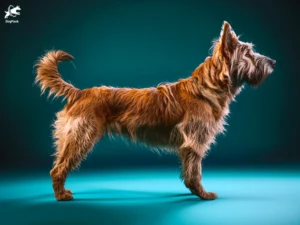 Berger Picard dog breed full body view standing against green background