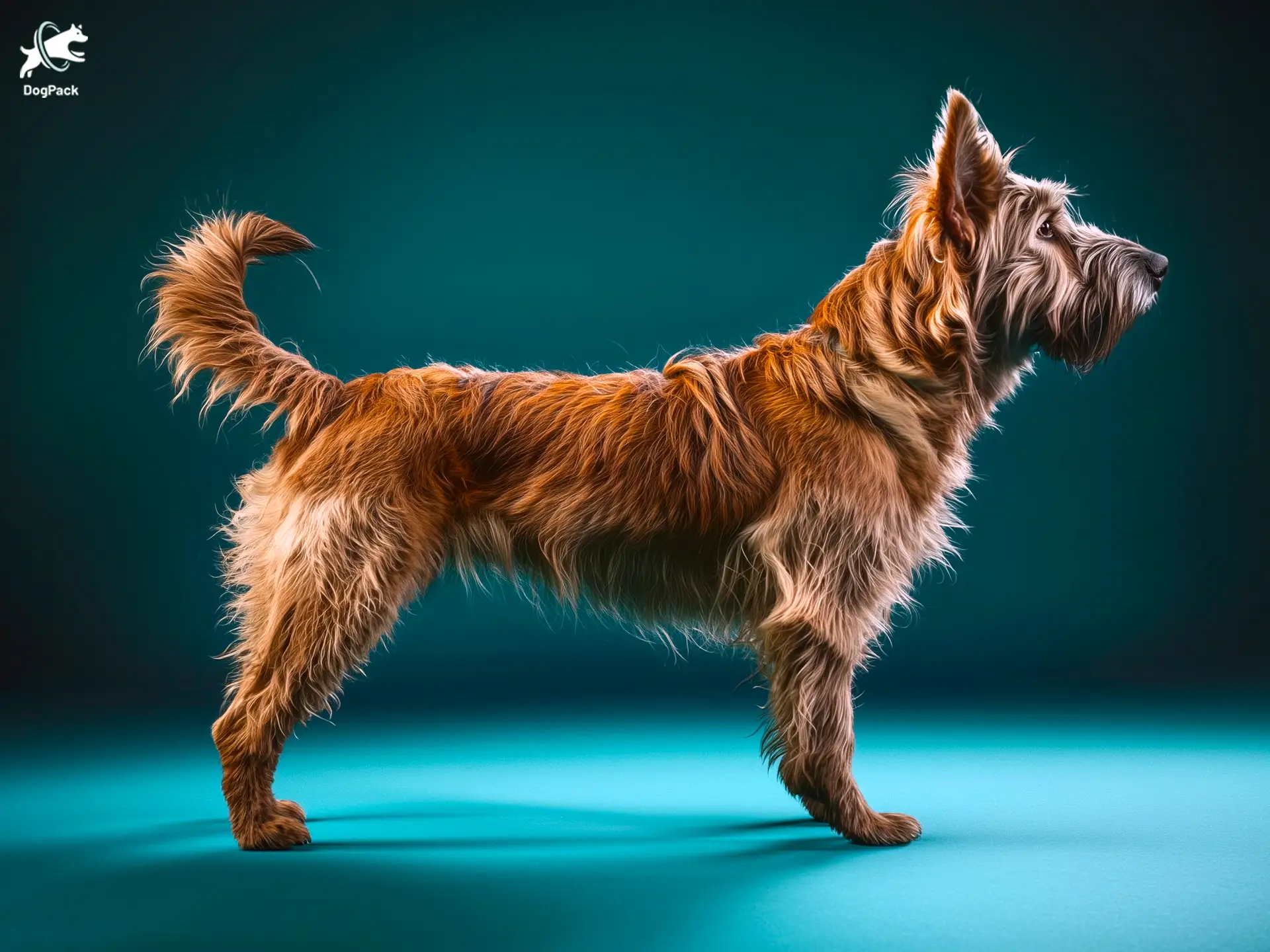 Berger Picard dog breed full body view standing against green background