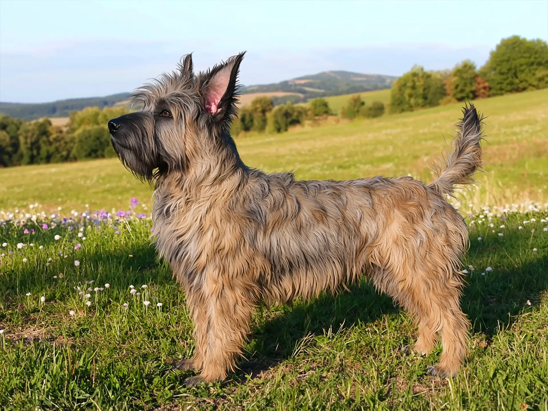 A Berger Picard with a rough fawn coat stands in a flowery meadow, alert, with erect ears and a scenic, hilly landscape in the background.