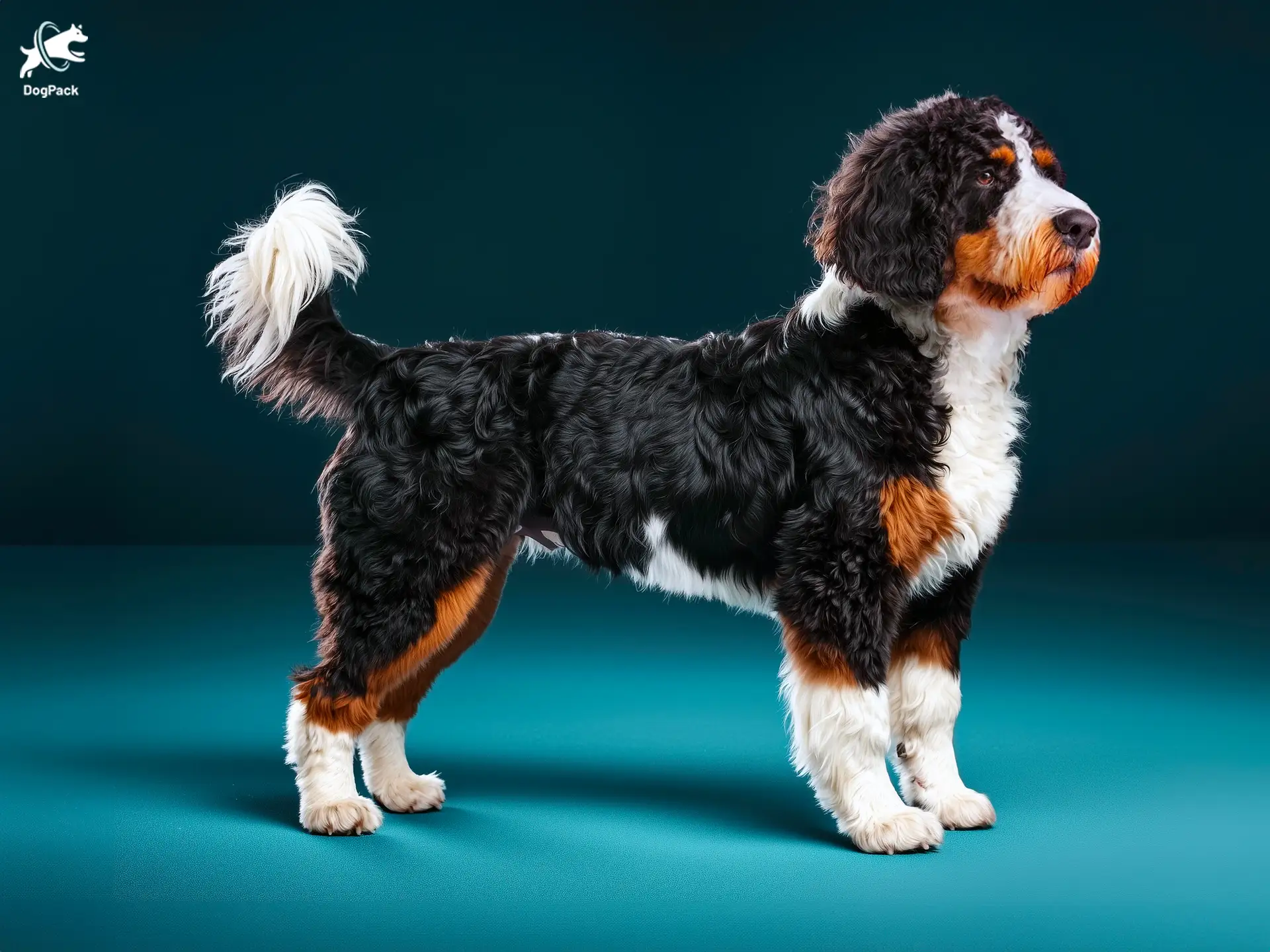 Bernedoodle dog breed full body view standing against green background