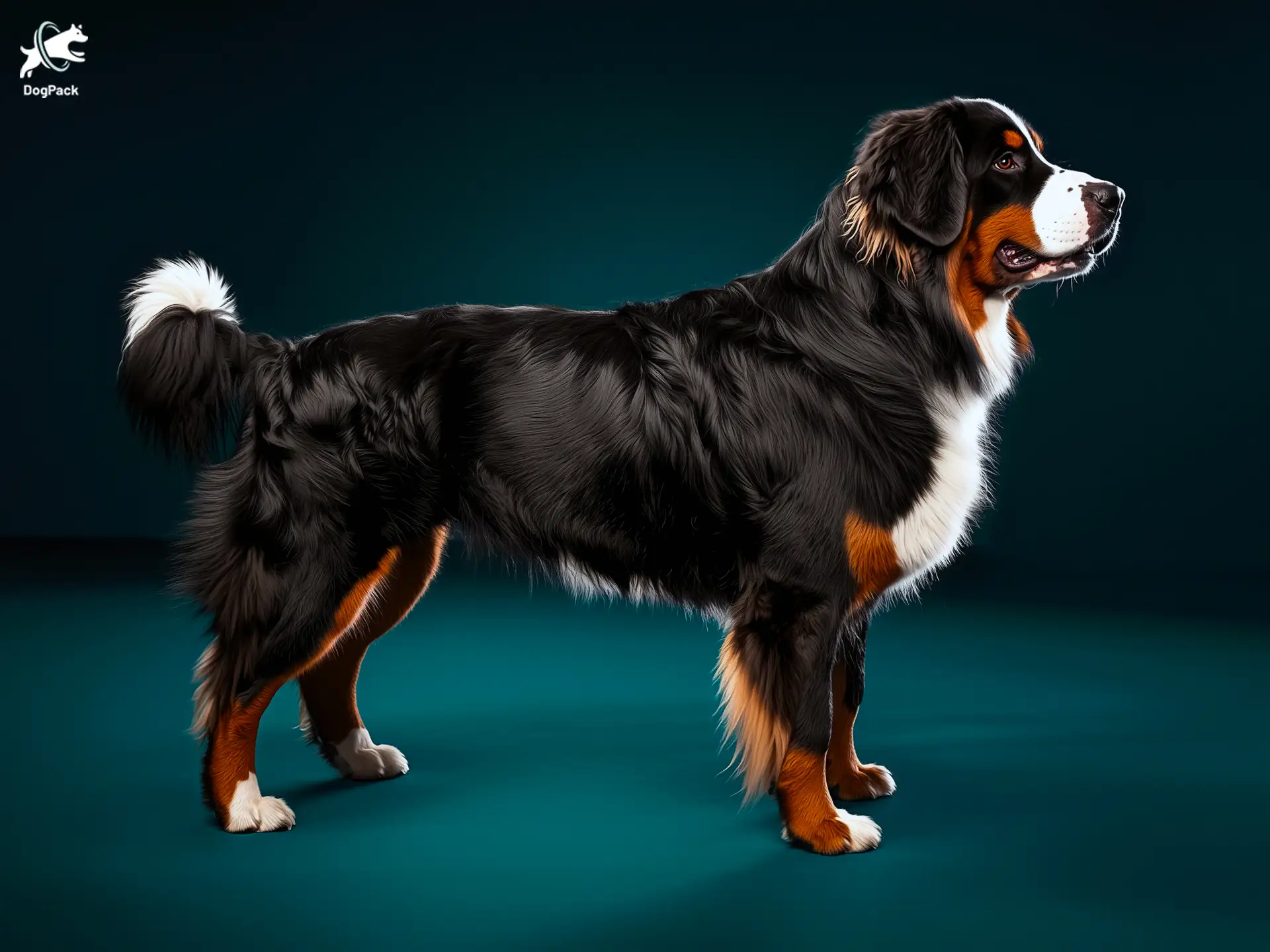 Bernese Mountain Dog breed full body view standing against green background