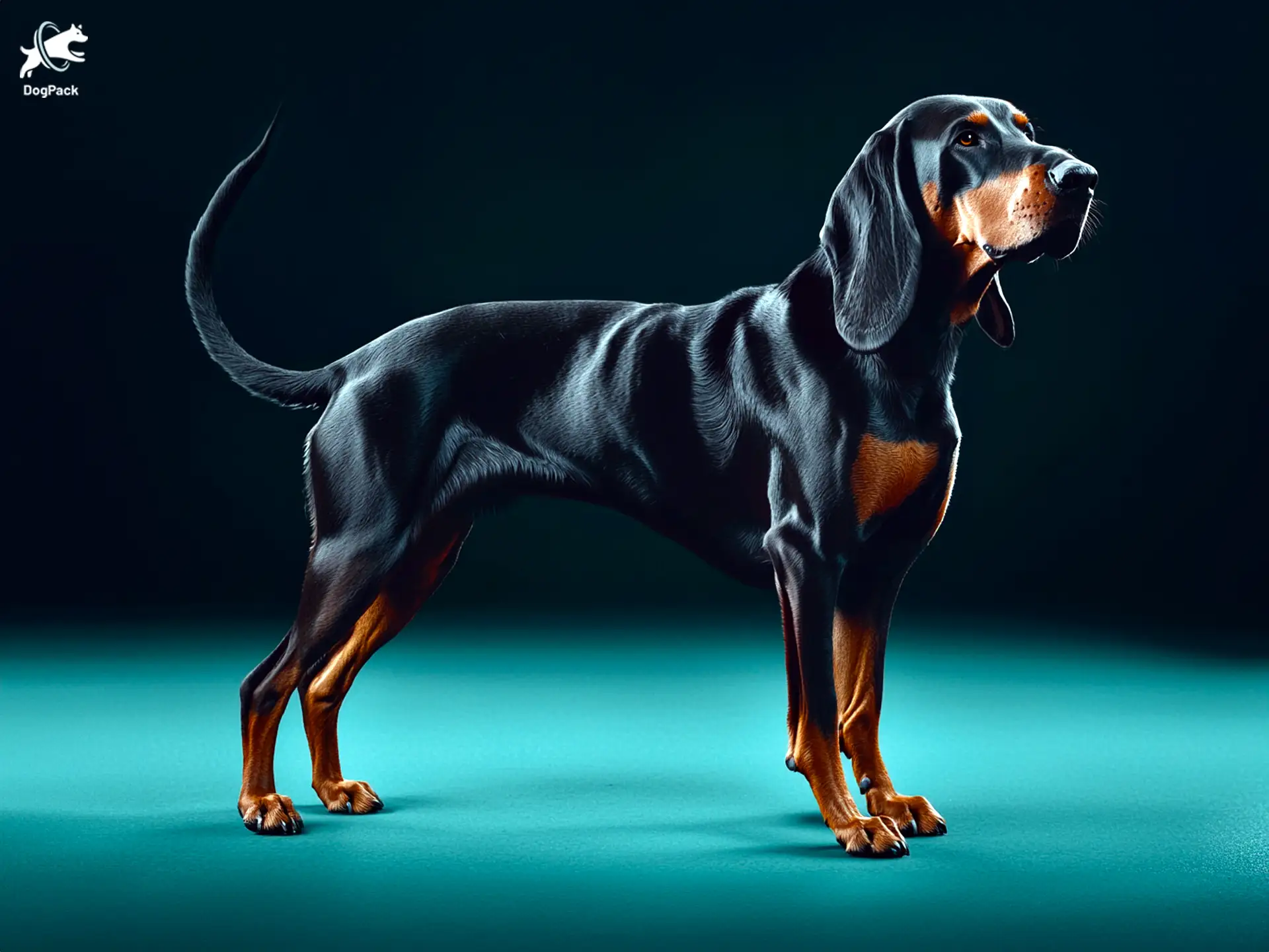 Black and Tan Coonhound Dog breed full body view standing against green background