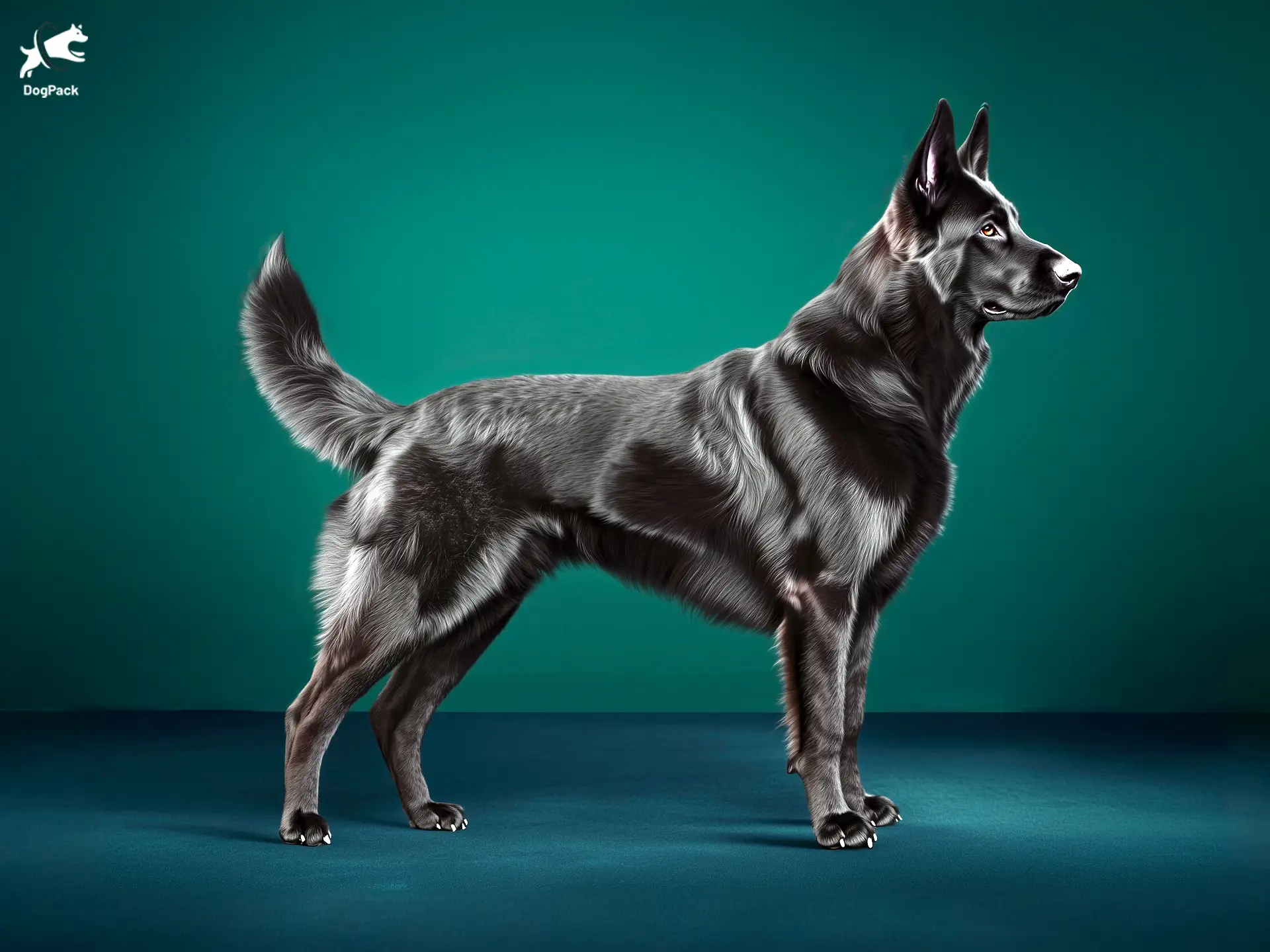 Black German Shepherd dog breed full body view standing against green background