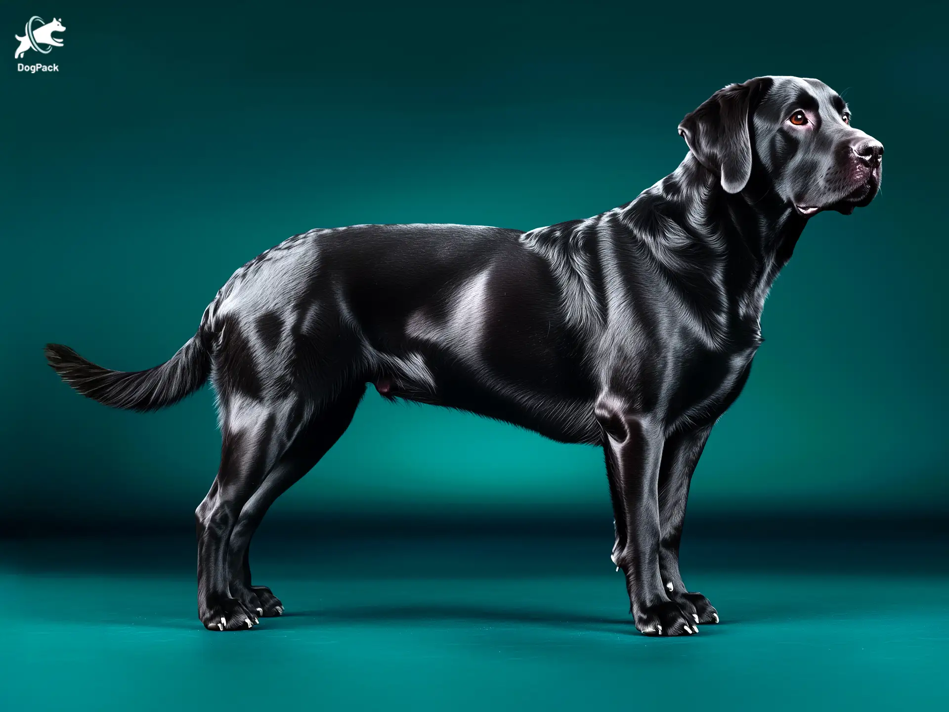 Black Labrador dog breed full body view standing against green background