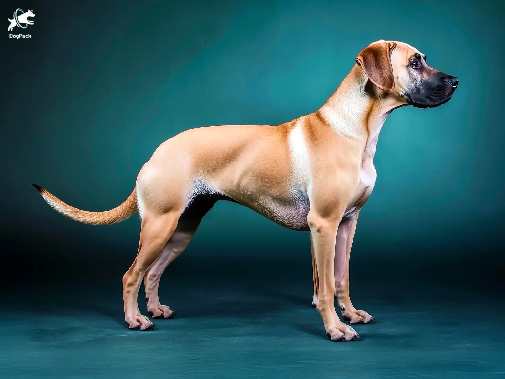 Black Mouth Cur dog breed full body view standing against green background