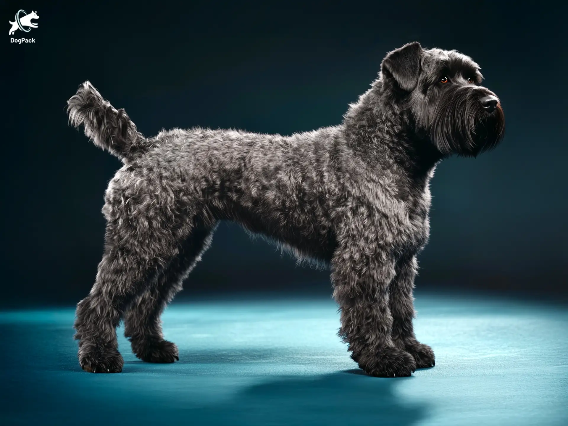 Black Russian Terrier dog breed full body view standing against green background