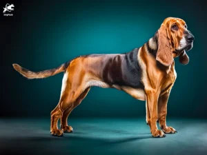 Bloodhound dog breed full body view standing against green background