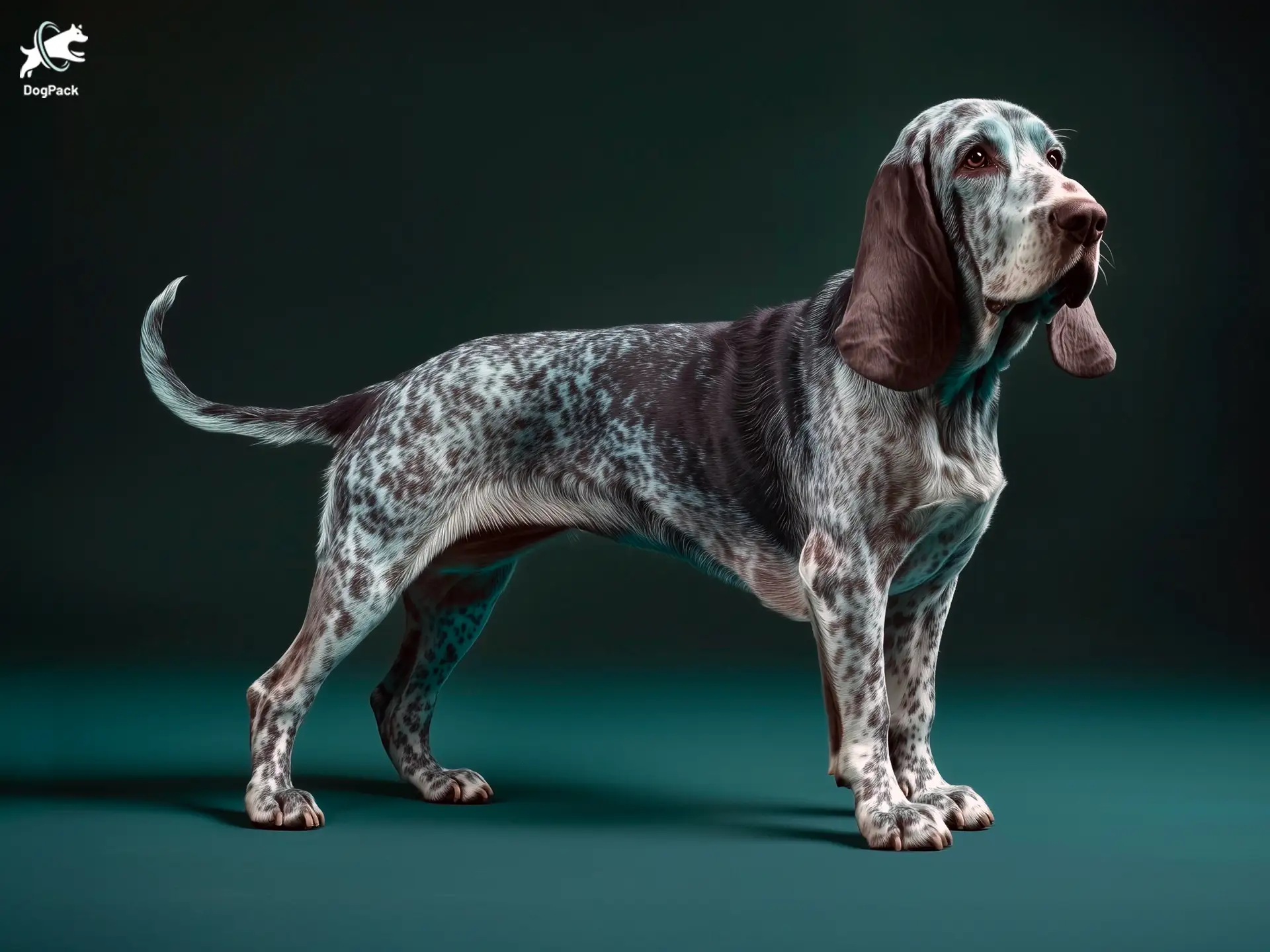 Blue Gascony Basset dog breed full body view standing against green background