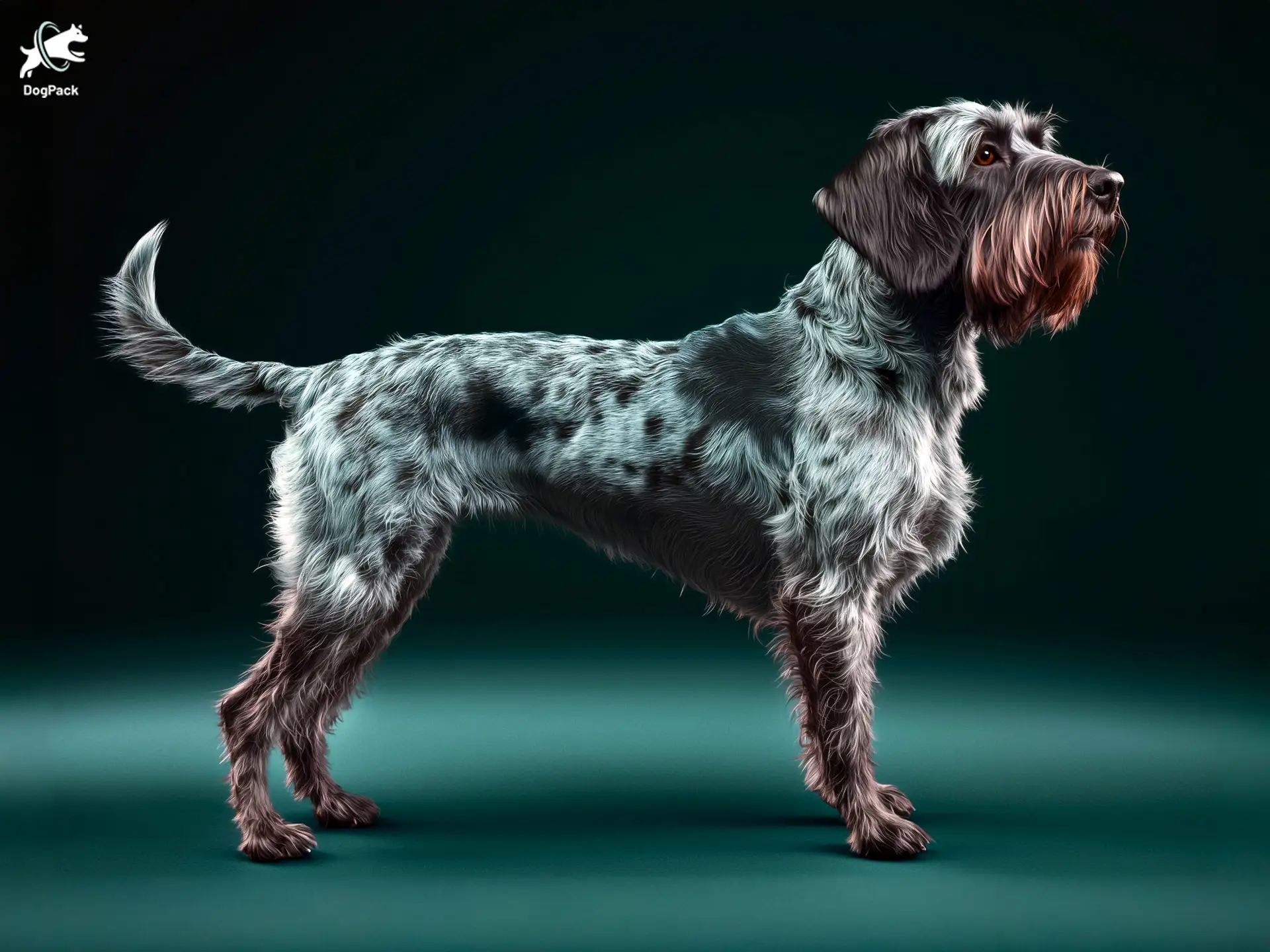 Blue Gascony Griffon dog breed full body view standing against green background