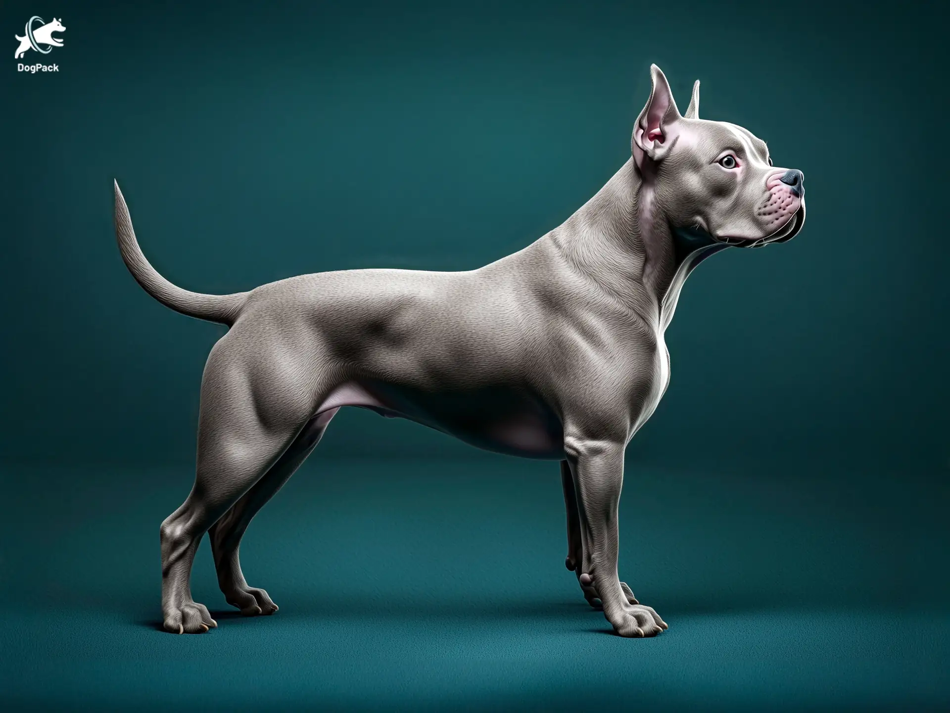 Blue Nose Pitbull dog breed full body view standing against green background