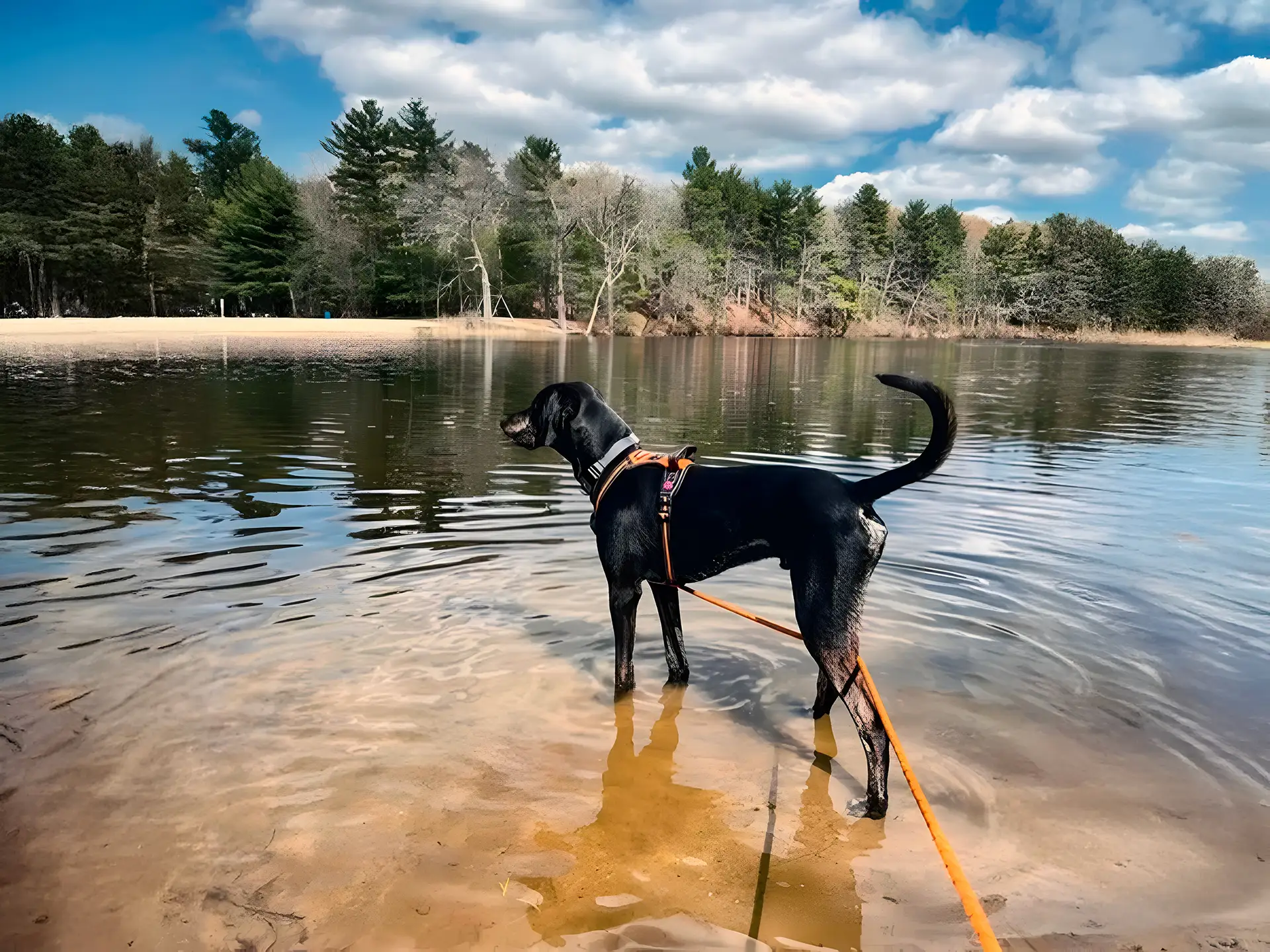 Bluetick Coonhound standing in shallow water by a lake, looking into the distance