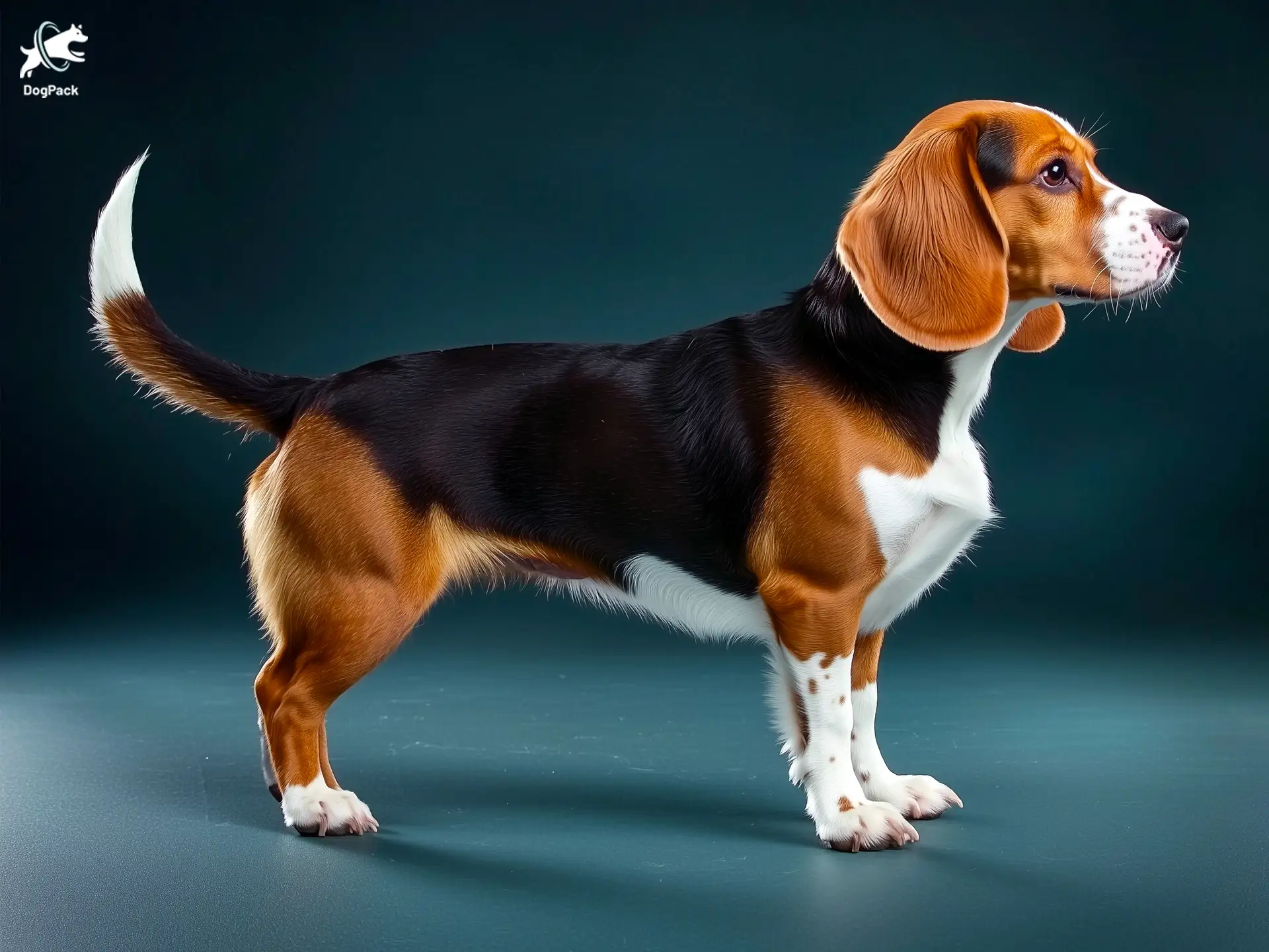 Bocker dog breed full body view standing against green background