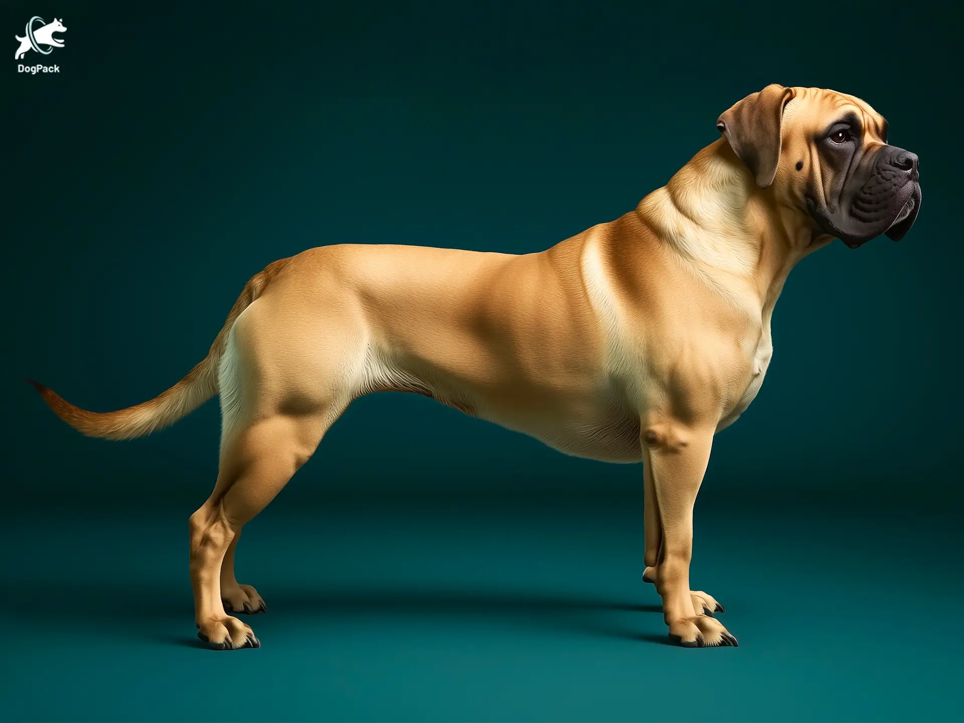 Boerboel dog breed full body view standing against green background