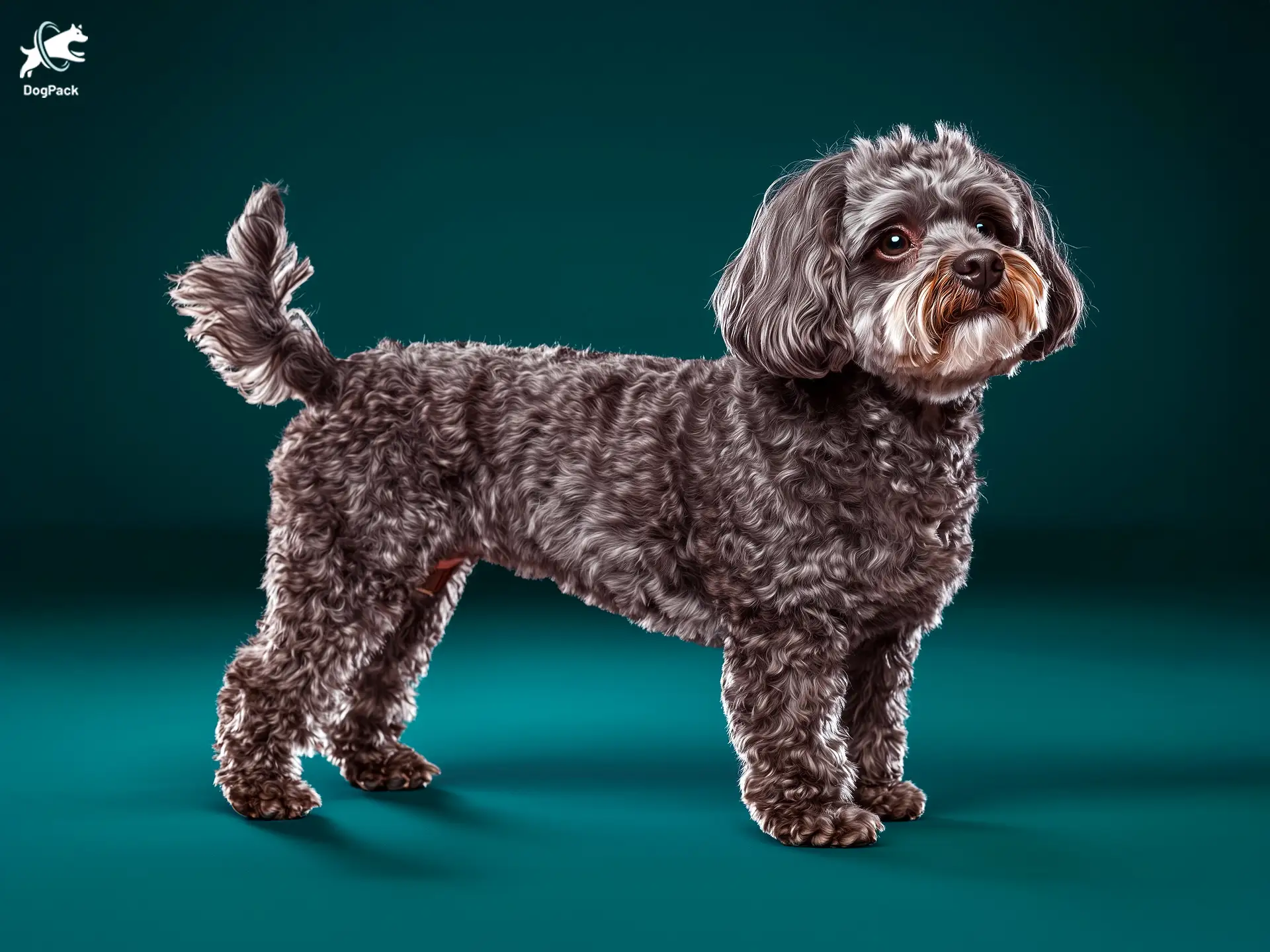 Bolonka Zwetna dog breed full body view standing against green background