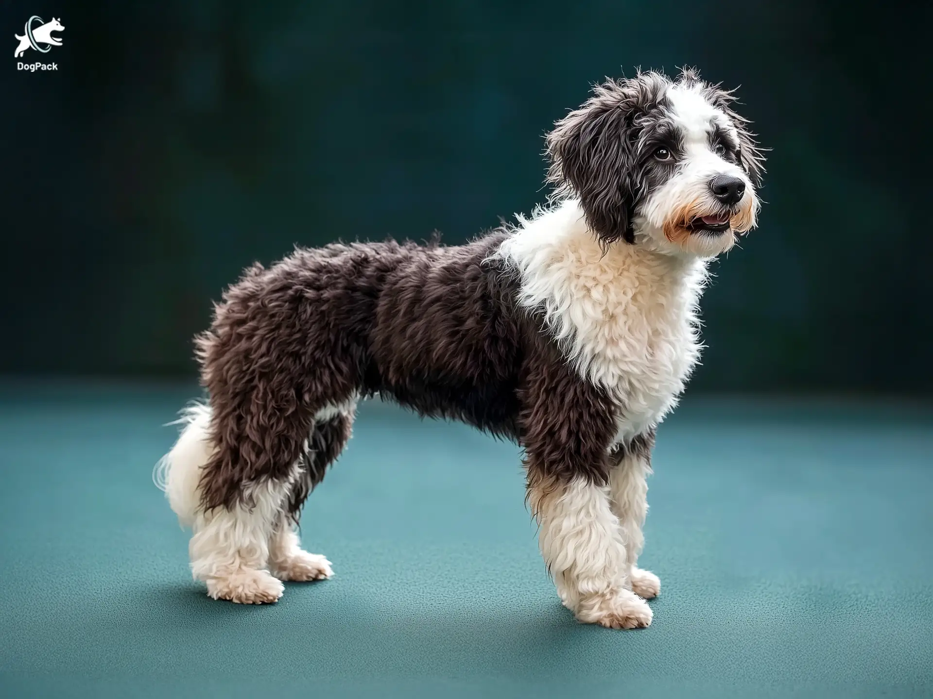 Border Doodle dog breed full body view standing against green background