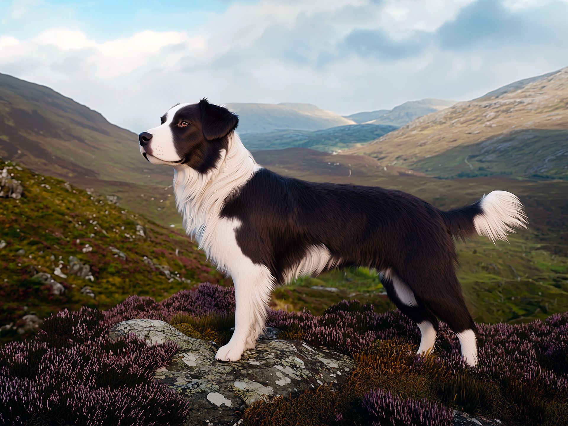 Border Sheepdog standing proudly in a scenic Scottish landscape.