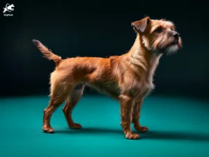 Border Terrier dog breed full body view standing against green background