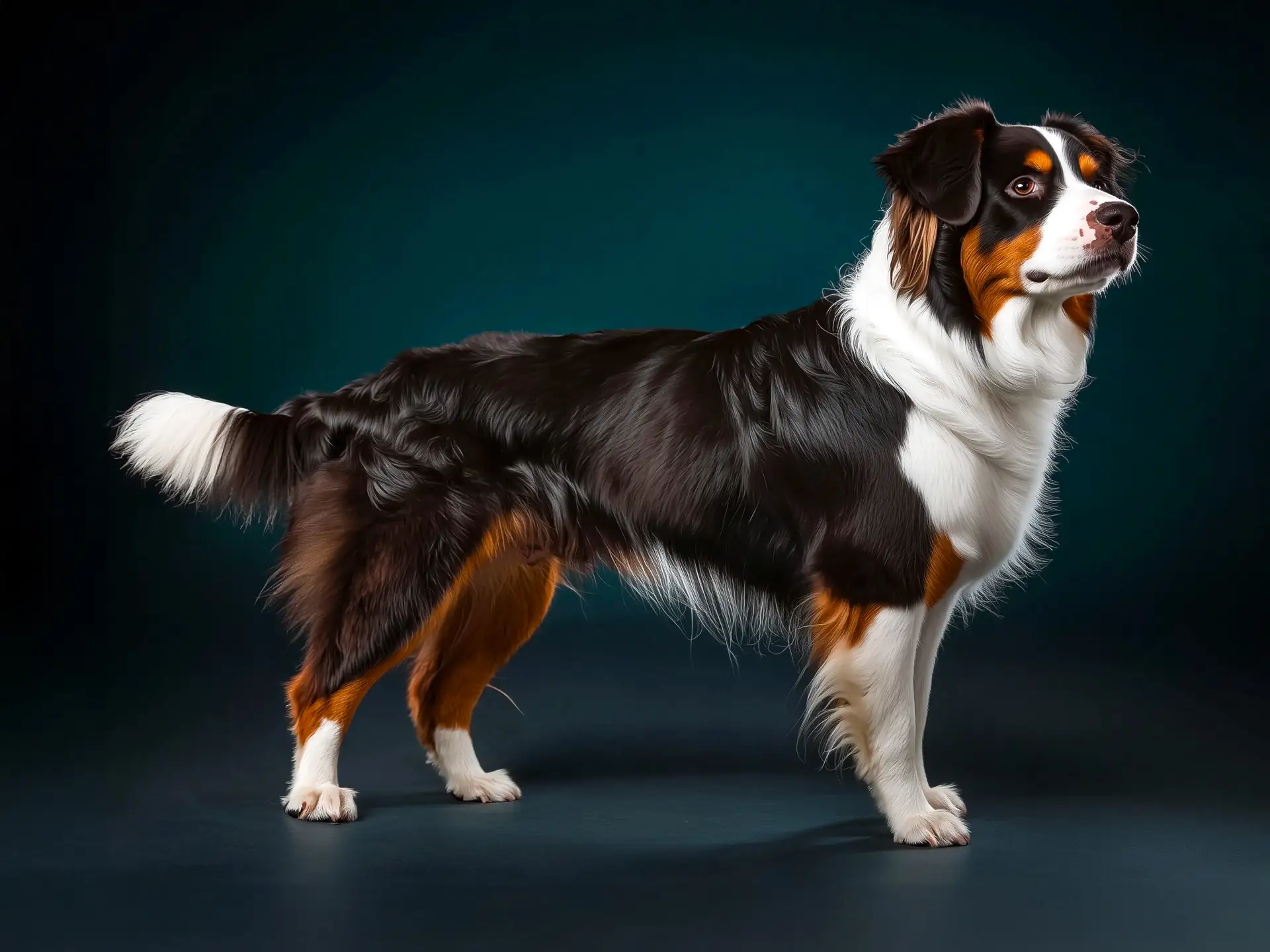 Bordernese dog breed full body view standing against green background