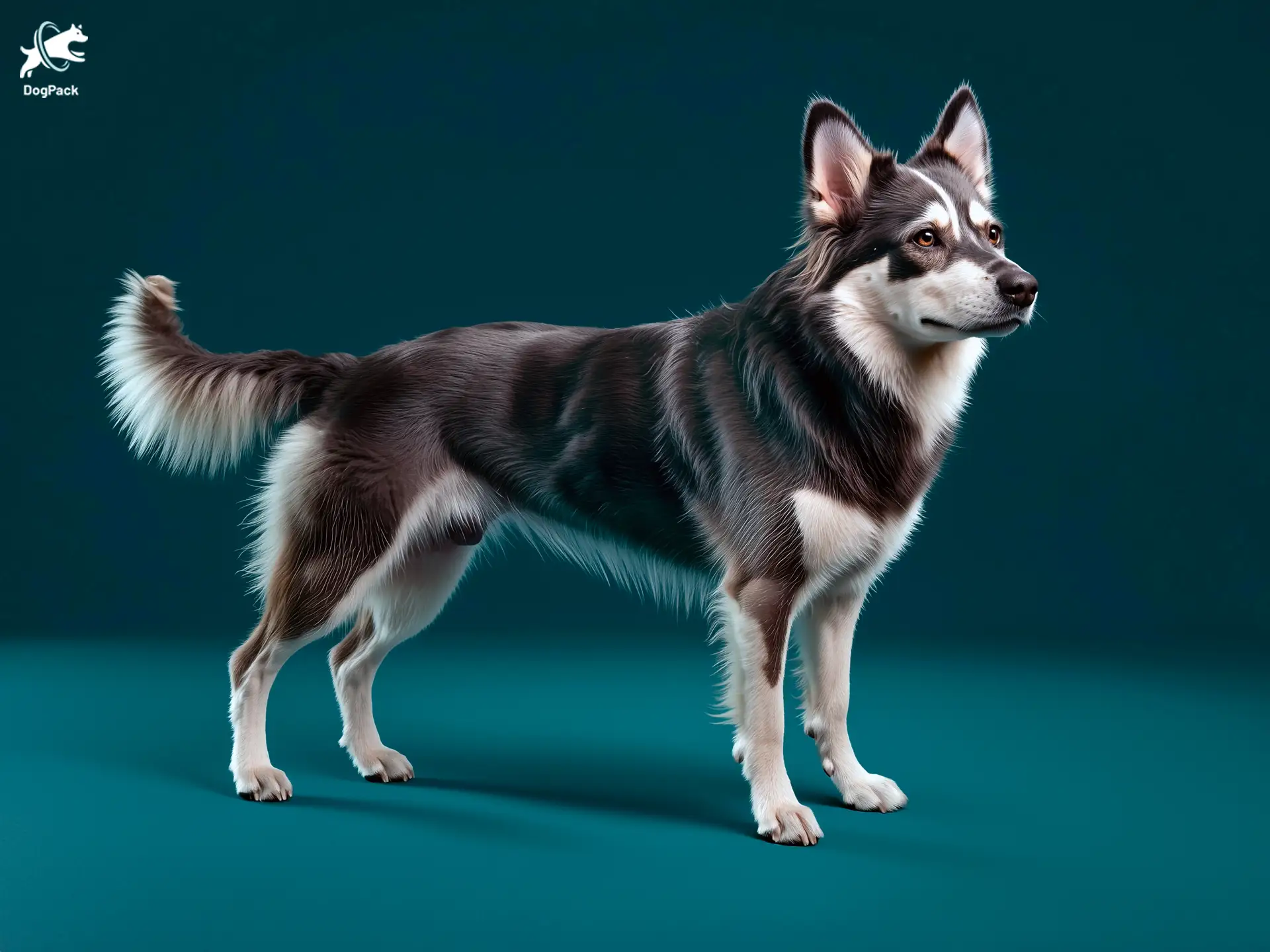 Borsky dog breed full body view standing against green background