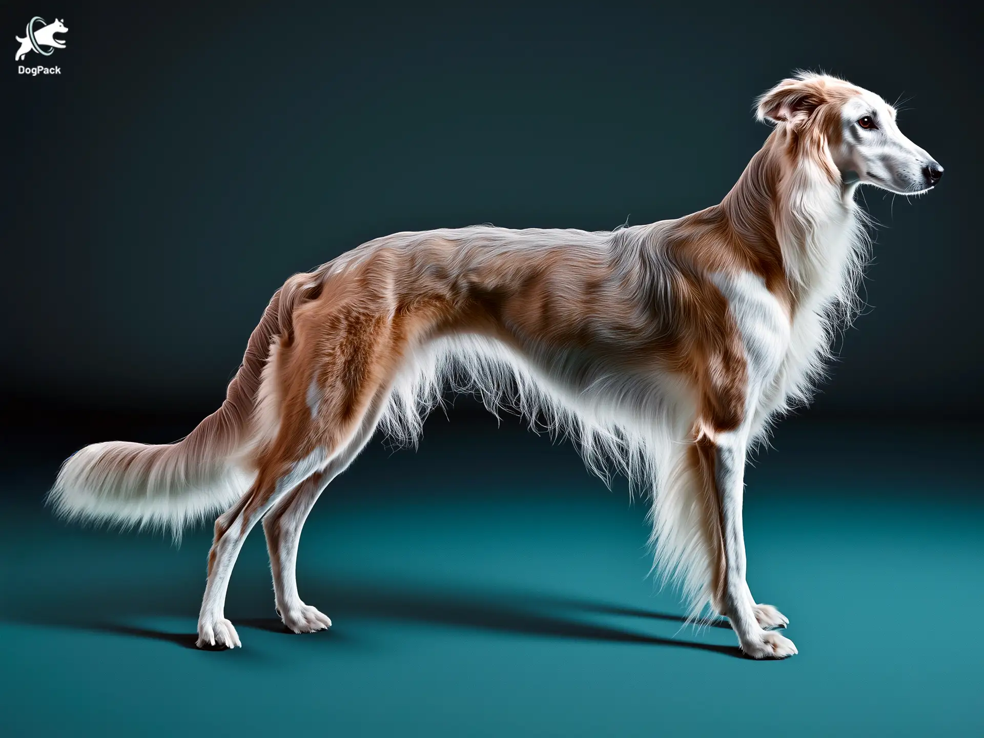 Borzoi dog breed full body view standing against green background