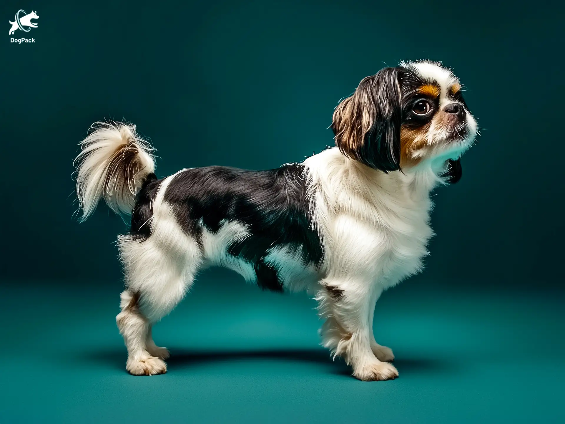 BoShih dog breed full body view standing against green background