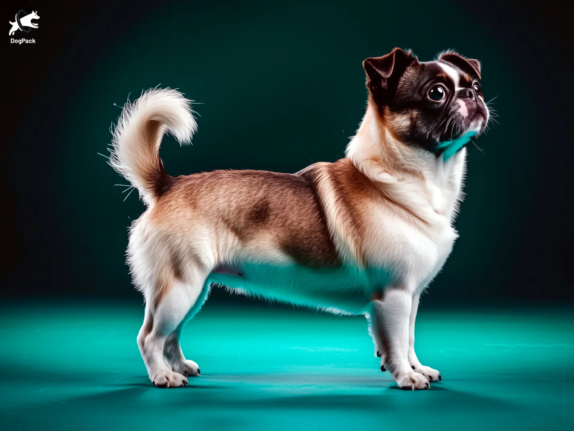 Boston Terrier Pekingese mix (Bospeki) dog breed full body view standing against green background