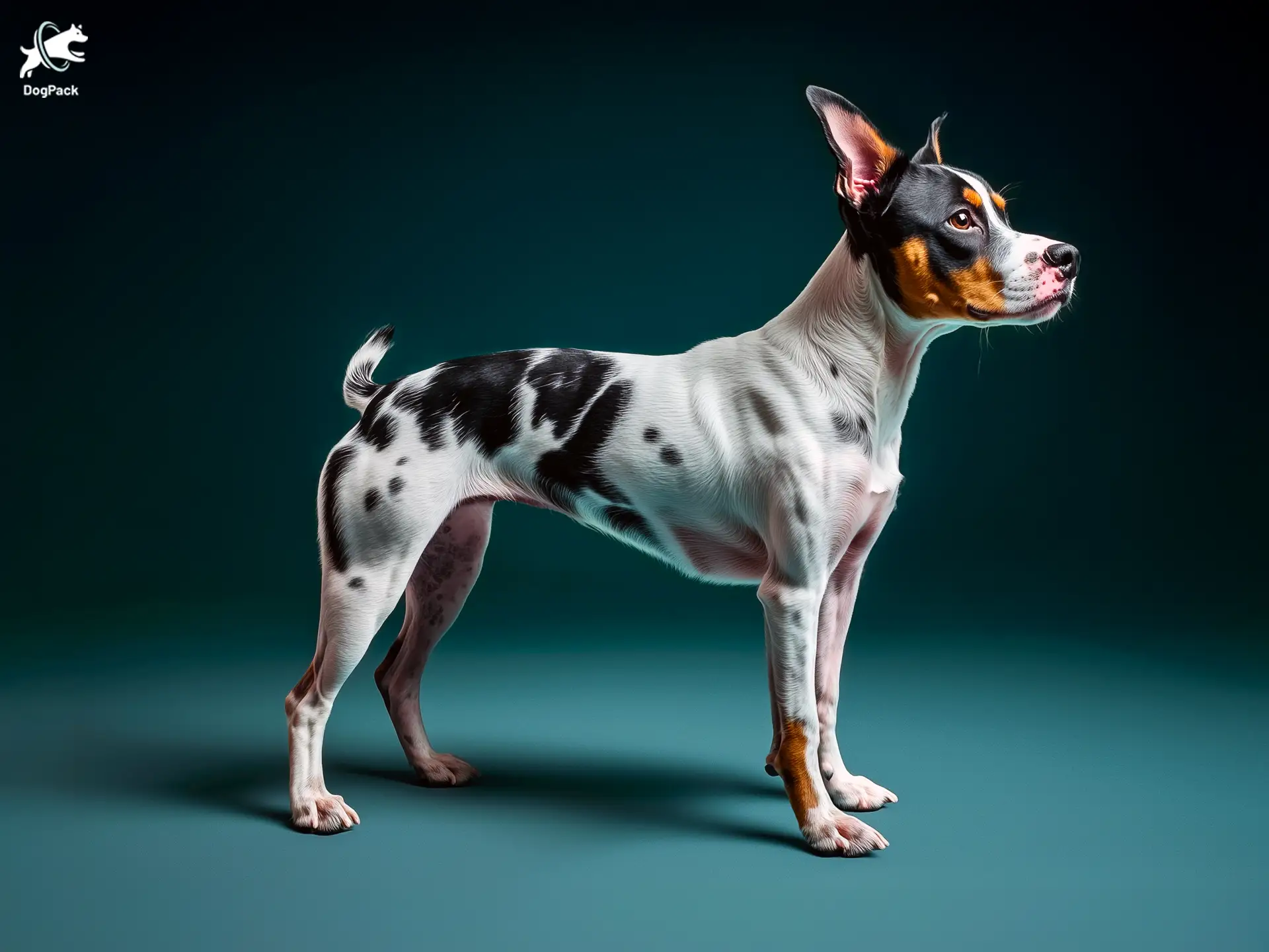 Bossie dog breed full body view standing against green background