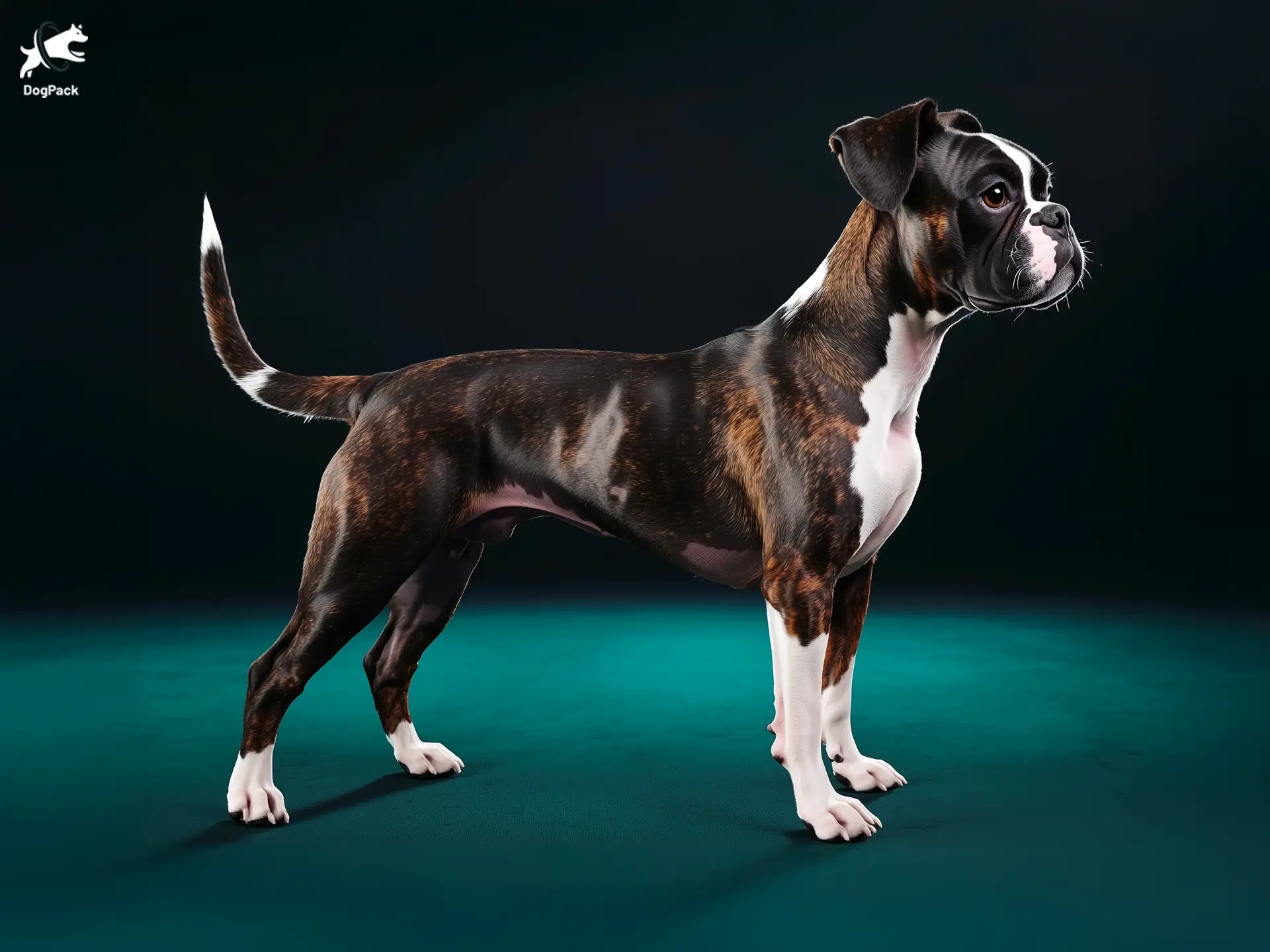 Boston Boxer dog breed full body view standing against green background