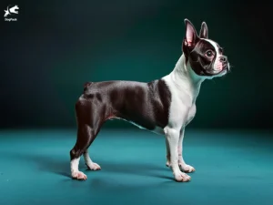 Boston Terrier dog breed full body view standing against green background