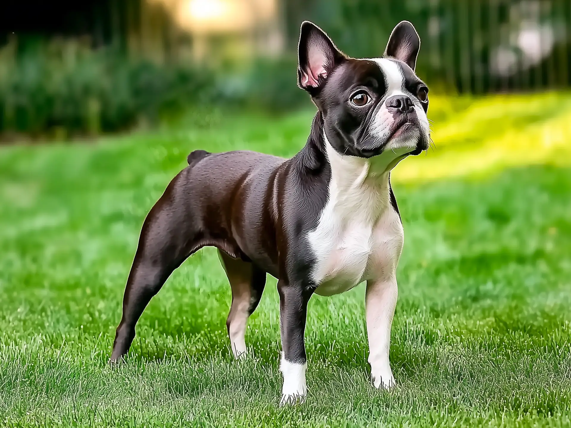 Boston Terrier standing on a green lawn looking alert