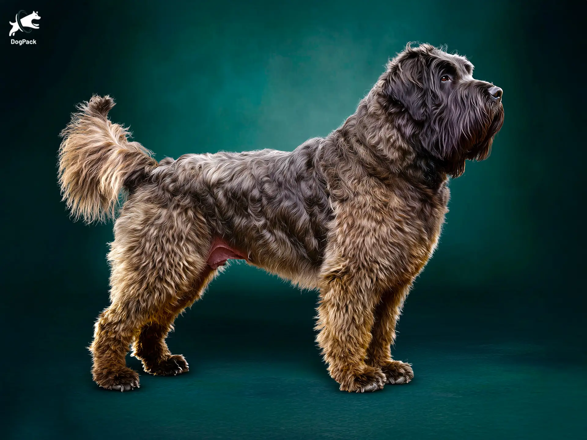 Bouvier des Flandres dog breed full body view standing against green background