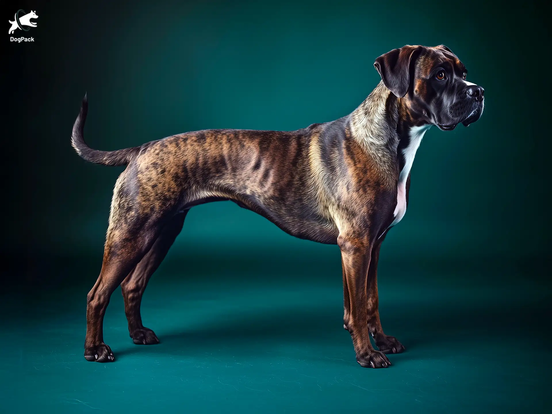 Boxador dog breed full body view standing against green background