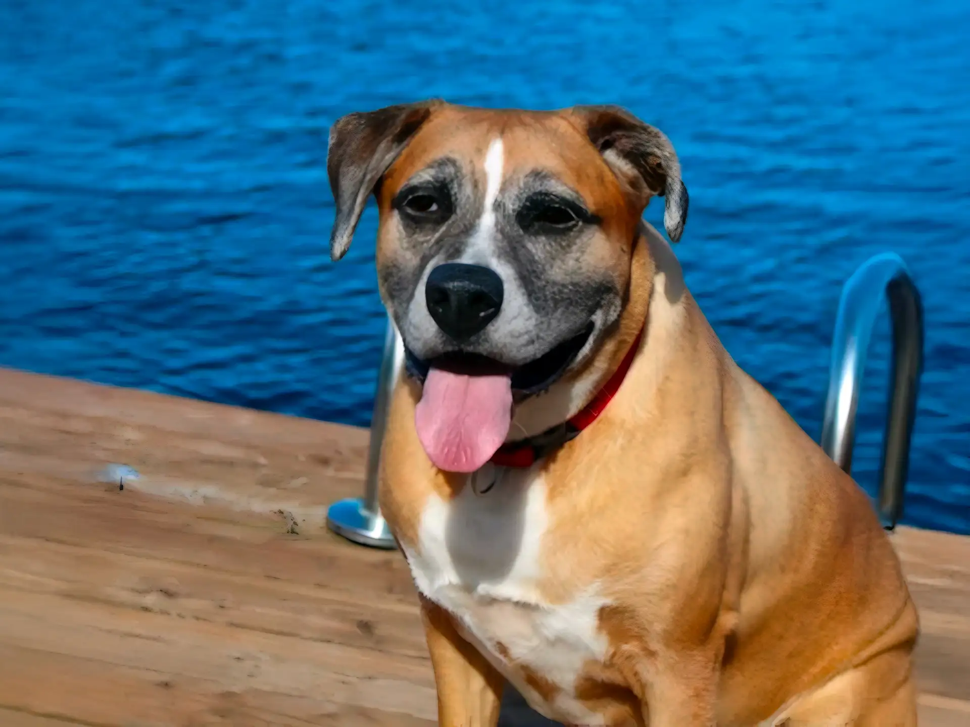 Boxador dog sitting on a dock by the water with its tongue out