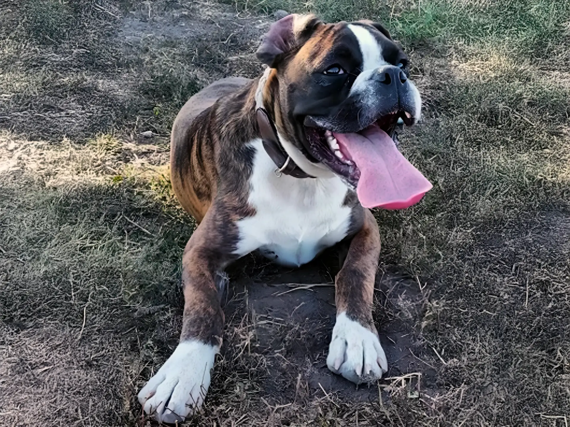 Boxer dog lying on grass with tongue out, looking playful and relaxed