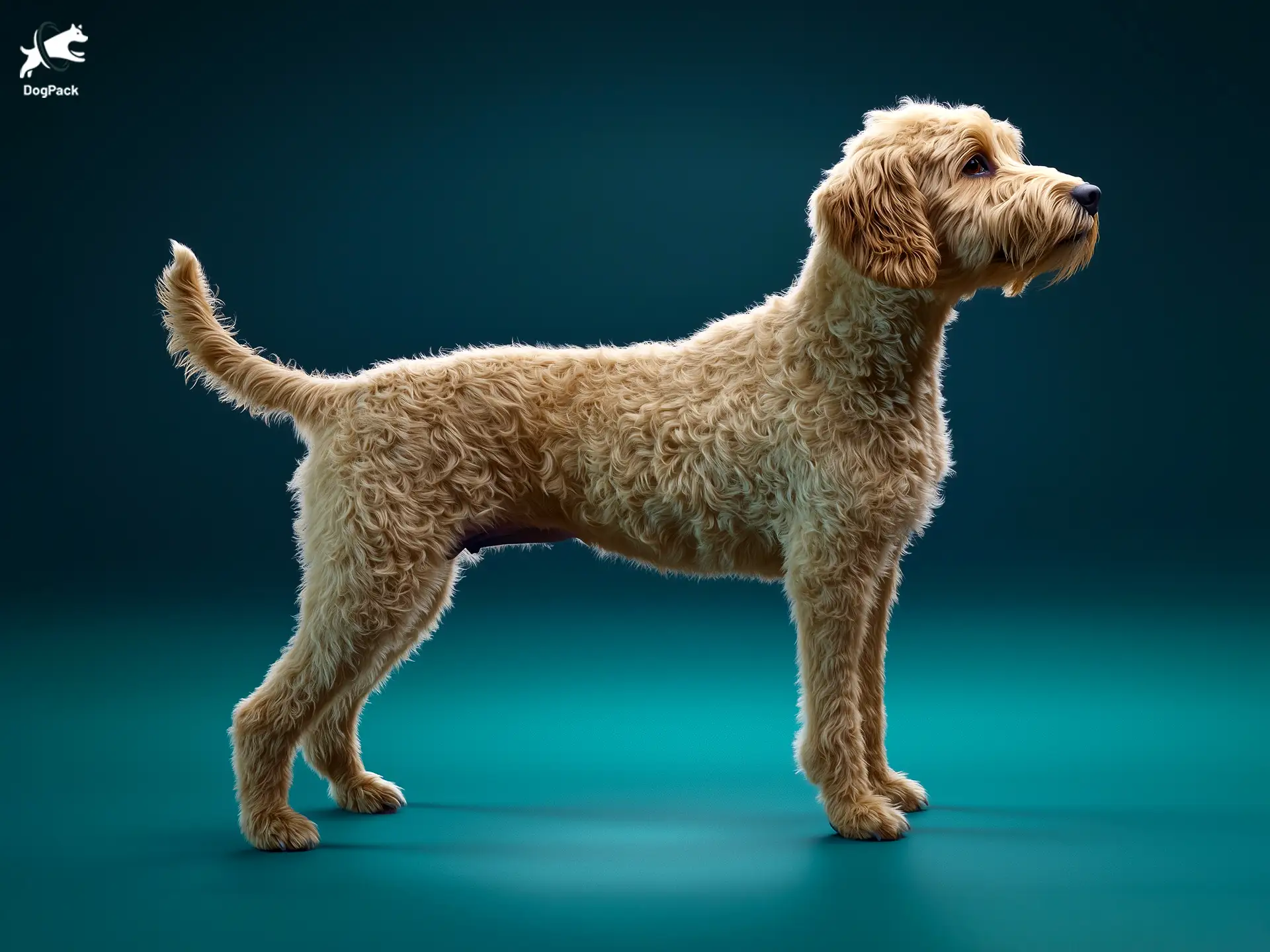 Boxerdoodle dog breed full body view standing against green background