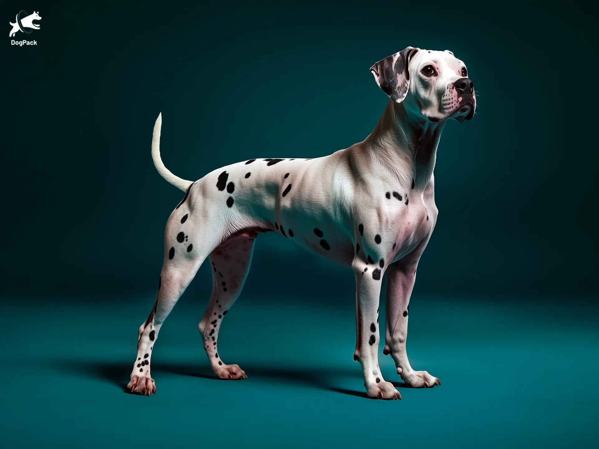 Boxmatian dog breed full body view standing against green background