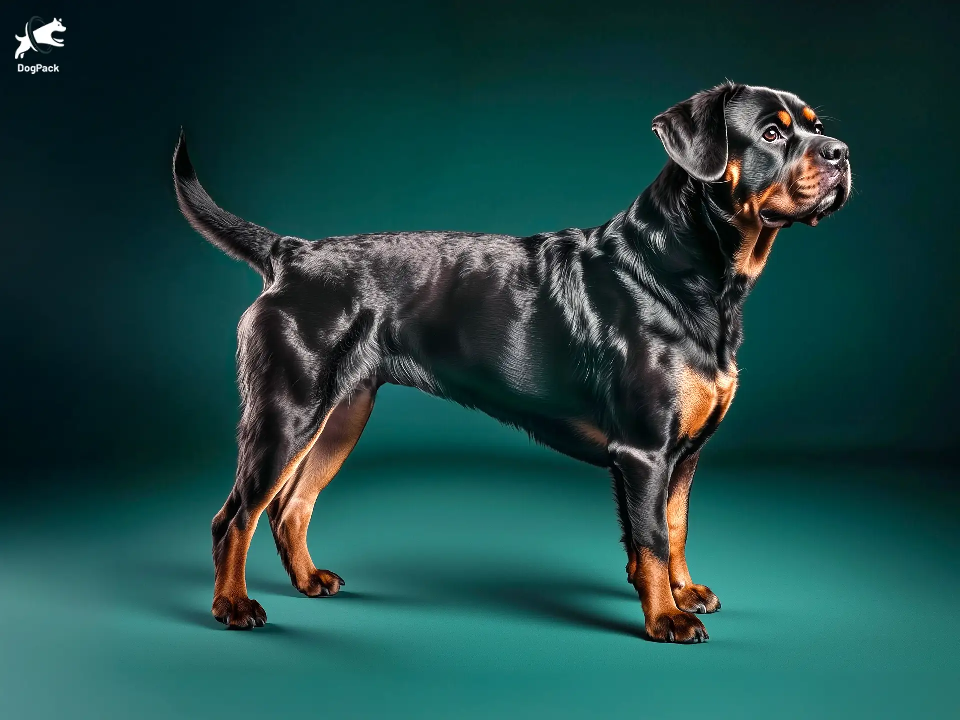 Boxweiler dog breed full body view standing against green background