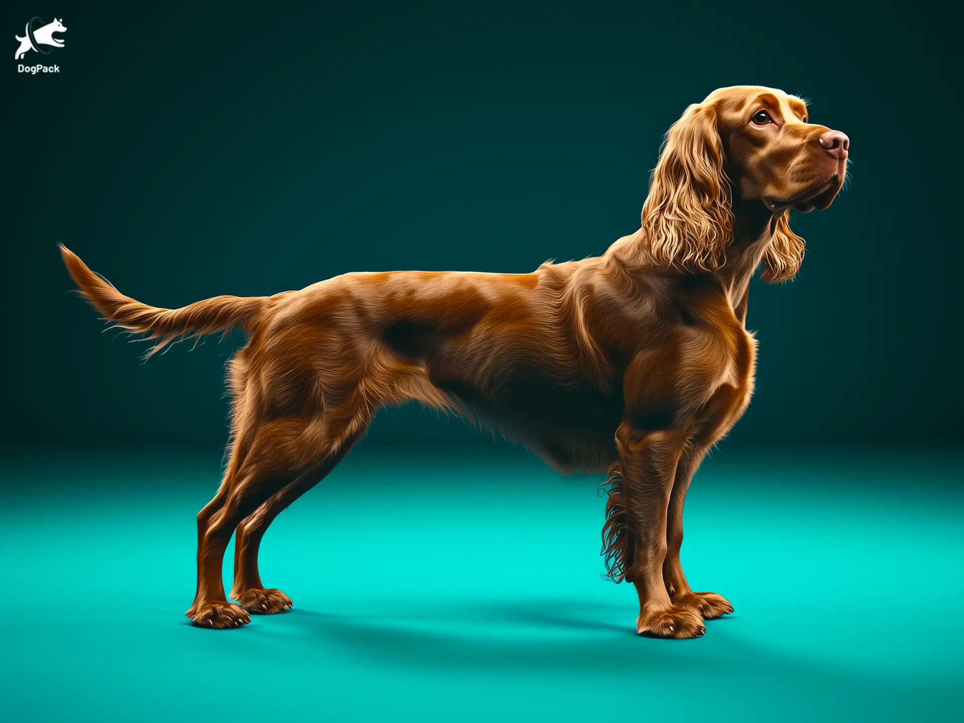 Boykin Spaniel dog breed full body view standing against green background