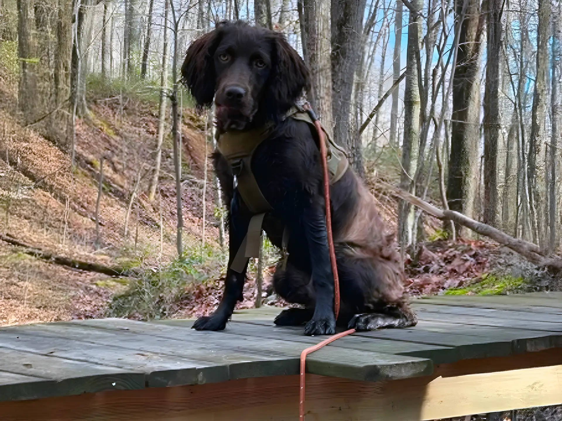 Boykin Spaniel sitting on a wooden platform in the forest with a leash attached.