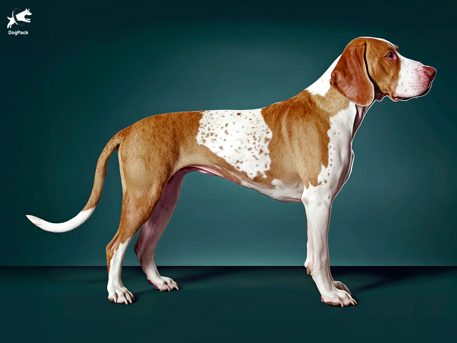 Bracco Italiano dog breed full body view standing against green background