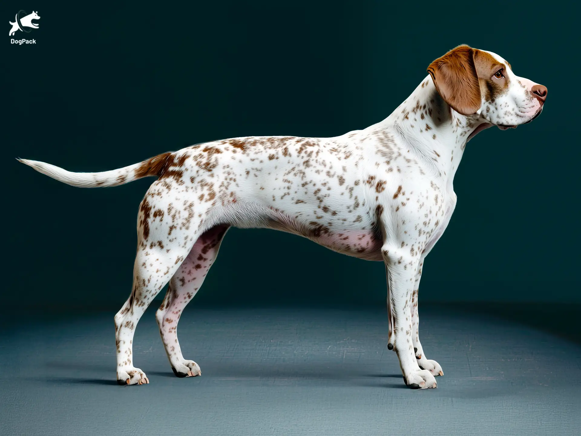 Braque du Bourbonnais dog breed full body view standing against green background